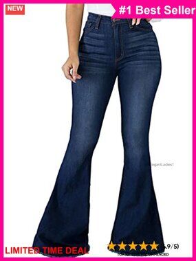 Women's Ripped High Waisted Flare Bell Bottom Jeans Frayed Hem Denim Pants